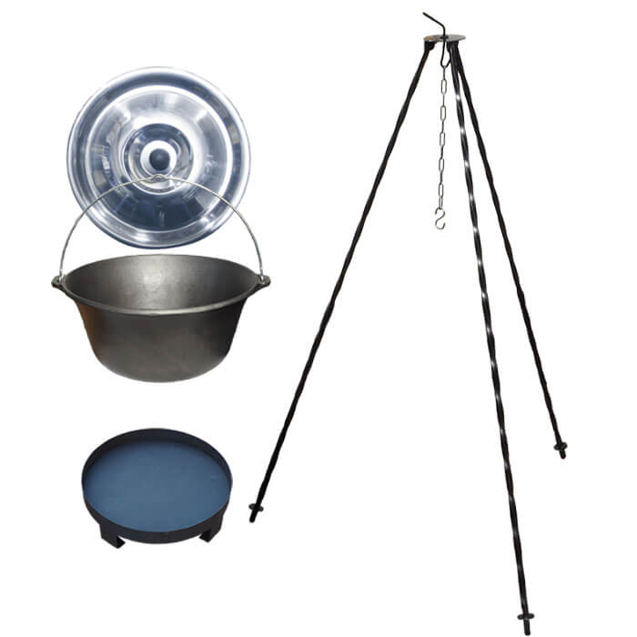 Litinový kotlík 7,2 L + nerezová poklice + trojnožka 1,2 m + ohniště 36 cm