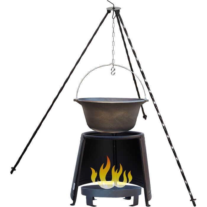 Litinový kotlík 10,8 L + chránič plamene 37 cm + ohniště 36 cm + trojnožka 1,2 m