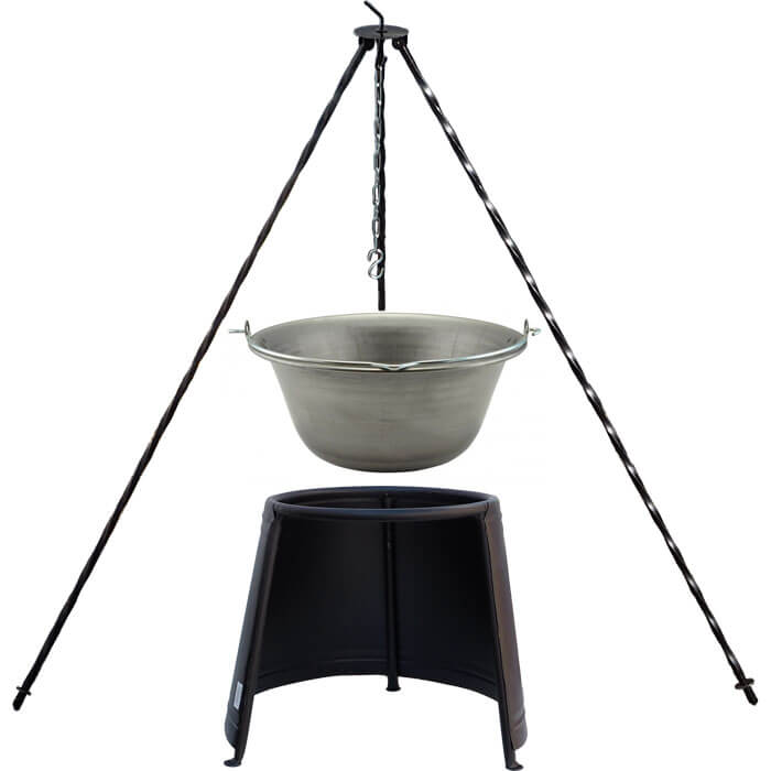 Železný kotlík 14 L (0,75 mm) + chránič plamene 37 cm + trojnožka 1,2 m