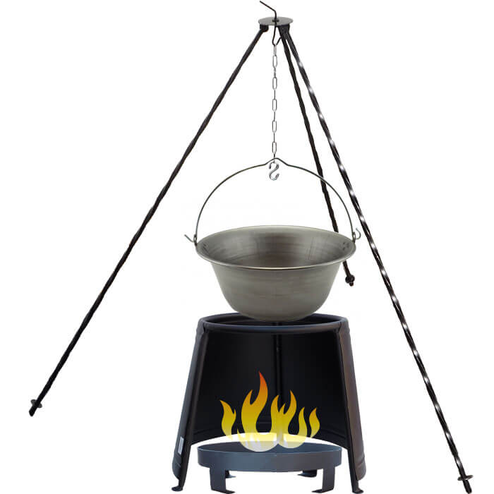 Železný kotlík 10 L (0,75 mm) + chránič plamene 37 cm + ohniště 36 cm + trojnožka 1,2 m