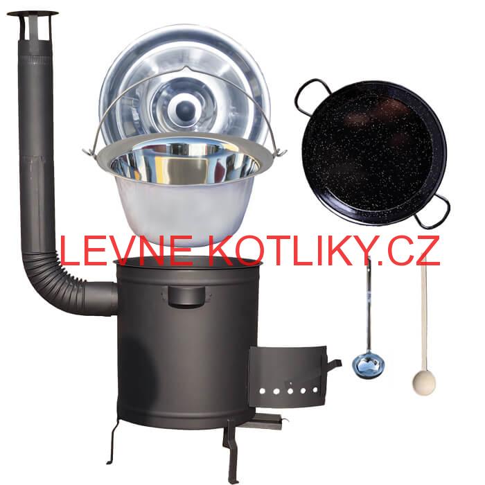 Nerezový kotlík 14 L (0,8 mm) + Paella pánev 38 cm + silnostěnná (1,5 mm) žáruvzdorná kotlina (1,5 mm) 36 PLUS 600