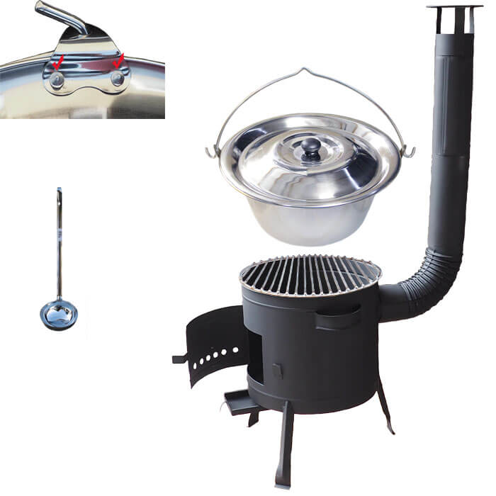 Nerezový kotlík 20 L (0,8 mm) s nýty INOX + Nerezový rošt 45 cm + nízká žáruvzdorná kotlina 42 cm PLUS 600