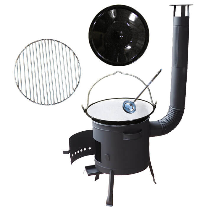 Smaltovaný kotlík 20 L + Nerezový rošt 45 cm + nízká žáruvzdorná kotlina 42 cm PLUS 600