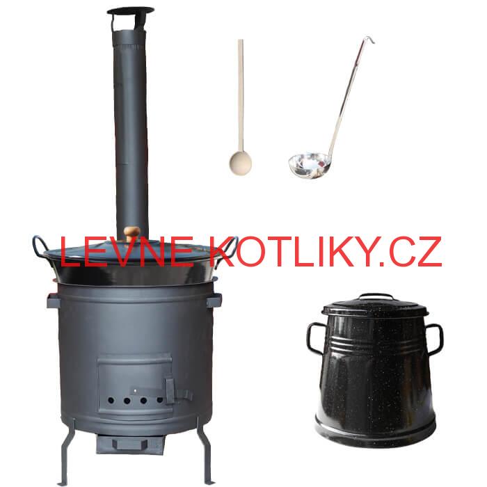 Smaltovaný kotel 70 L + žáruvzdorná kotlina 53 cm PLUS 600 + Nádoba na sádlo 10 L