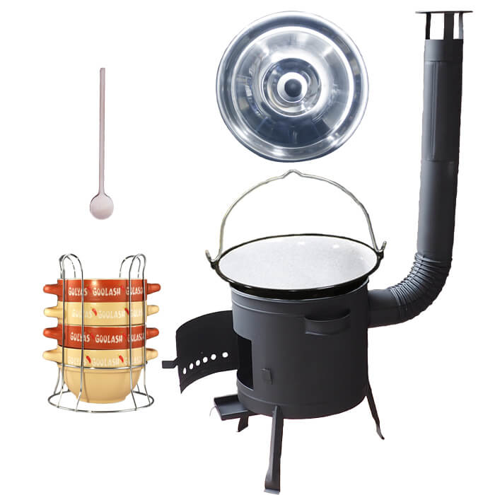 Smaltovaný kotlík 25 L (1,2 mm) + misky na guláš 4 ks + nízká žáruvzdorná kotlina 42 PLUS 600
