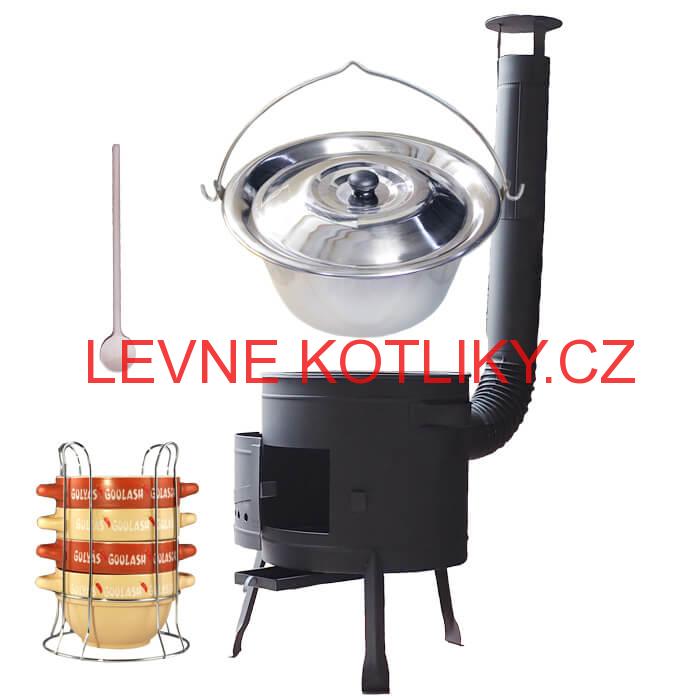 Nerezový kotlík 22 L (0,8 mm) INOX + misky na guláš 4 ks + nízká žáruvzdorná kotlina 42 PLUS 600