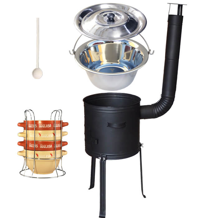 Nerezový kotlík 22 L (0,8 mm) INOX + misky na guláš 4 ks + nízká žáruvzdorná kotlina 42 PLUS 700