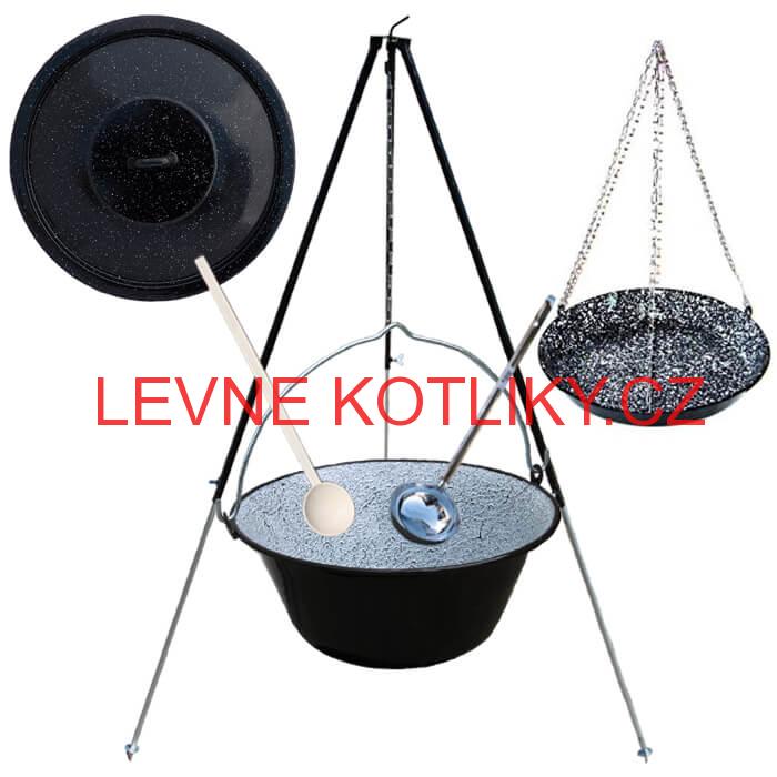 Smaltovaný kotlík 30 L + pánev na grilování + teleskopická trojnožka