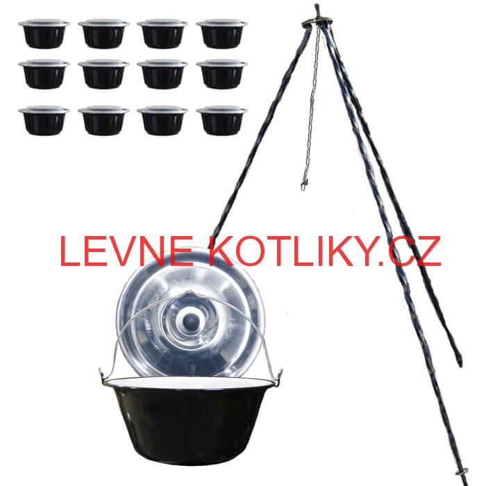 Smaltovaný kotlík 10 L (1,2 mm) + nerezová poklice + trojnožka 1,20 m + misky 12 ks