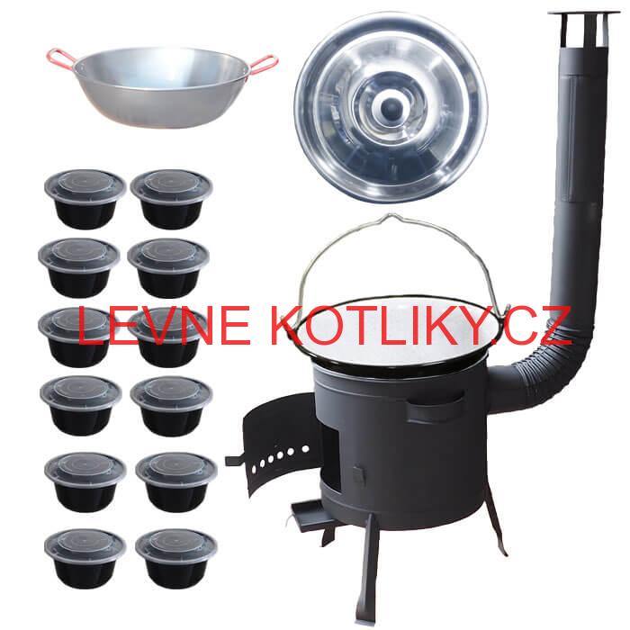 Smaltovaný kotlík 22 L + Pánev PAELLA (WOK) 45 cm + misky 12 ks + nízká kotlina 42 PLUS 600