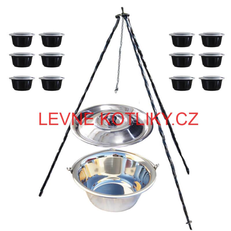 Nerezový kotlík 14 L (0,8 mm) INOX poklice + trojnožka 1,20 m + misky 12 ks