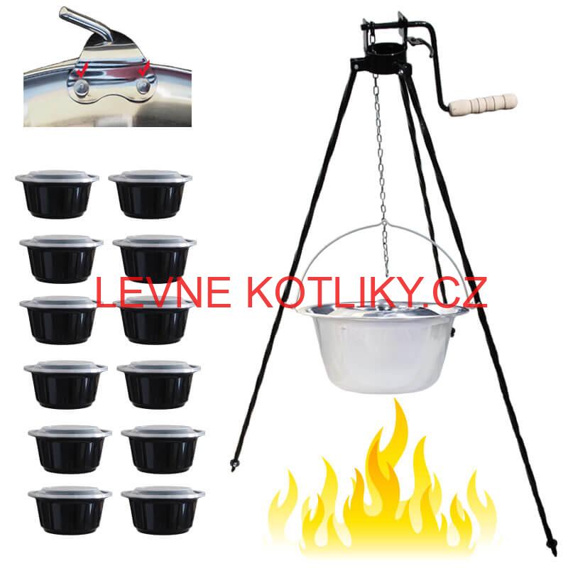 Nerezový kotlík 15 L (0,8 mm) s nýty + stojan s kladkou VAR + misky 12 ks