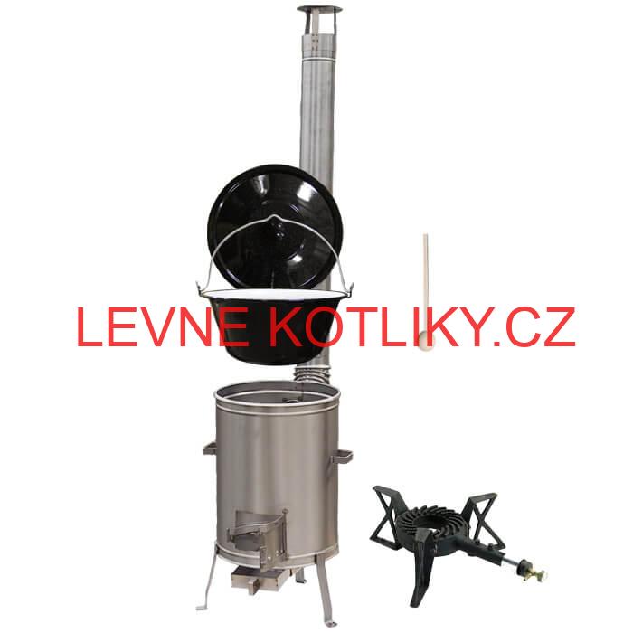 Smaltovaný kotlík 20 L (1,2 mm) + nerezová kotlina 42 cm + litinový hořák 7 kW, vařečka LUX