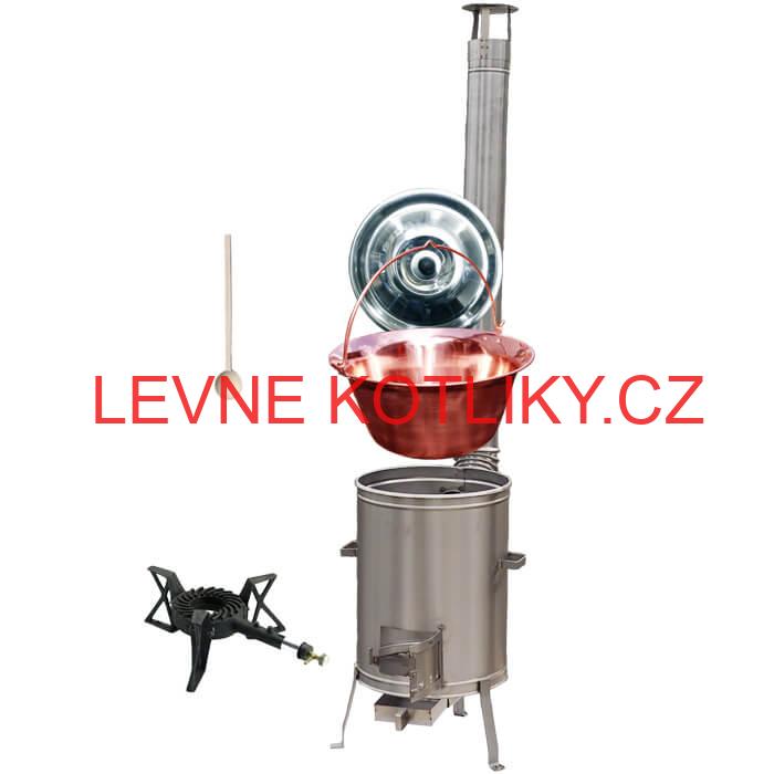 Měděný kotlík 14 L (1,2 mm) + nerezová kotlina 36 cm + litinový hořák 7 kW, vařečka LUX