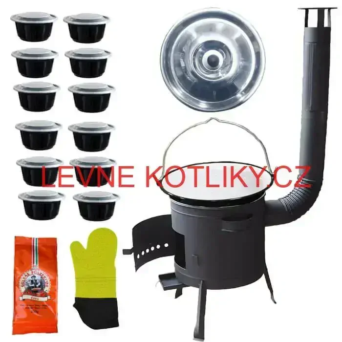 Smaltovaný kotlík 22 L (1,2 mm) + misky 12 ks + nízká žáruvzdorná kotlina (1,5 mm) 42 PLUS 600