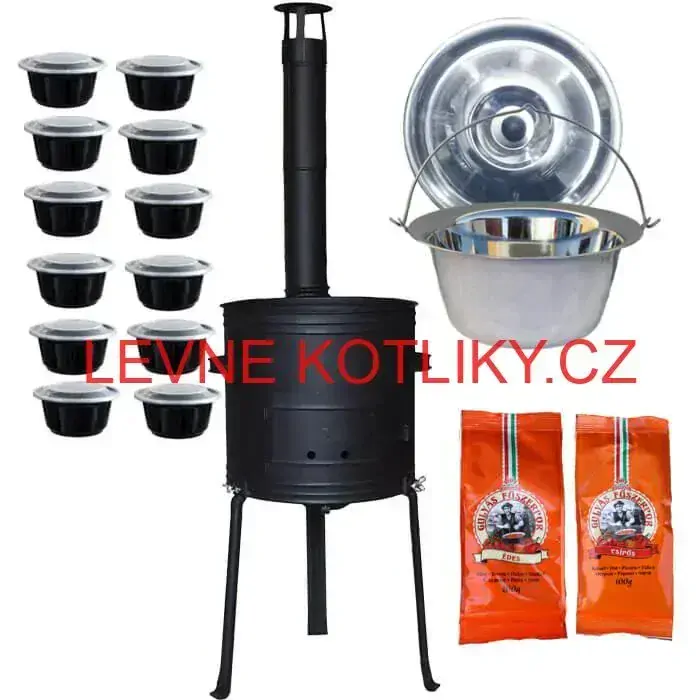 Nerezový kotlík 22 L (0,8 mm) INOX + žáruvzdorná kotlina 42 cm Plus 700 + misky 12 ks + 2 x pepř na guláš 100 g