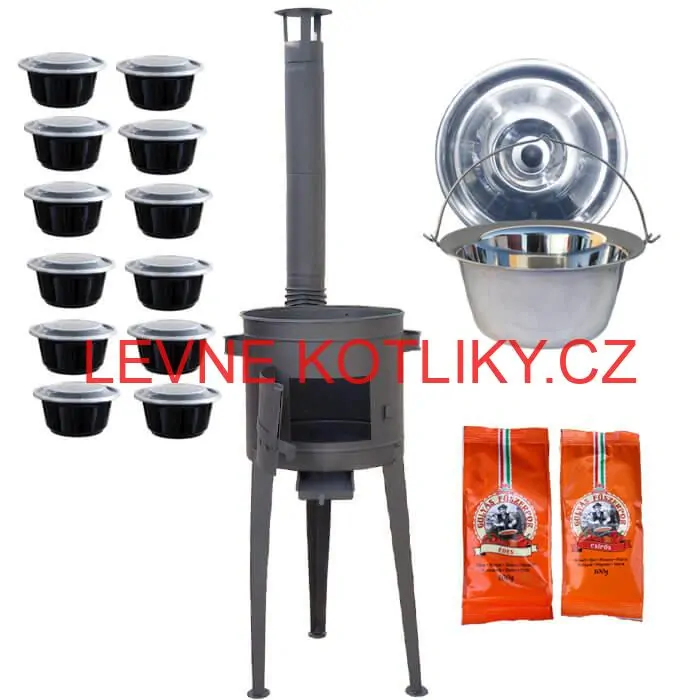 Nerezový kotlík 22 L (0,8 mm) INOX + vysoká žáruvzdorná kotlina 42 cm PLUS 600 + misky 12 ks + 2 x pepř na guláš 100 g