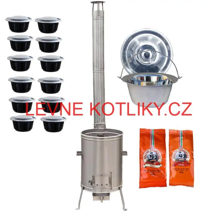 Nerezový kotlík 22 L (0,8 mm) INOX + nerezová kotlina 42 cm LUX + misky 12 ks + 2 x pepř na guláš 100 g