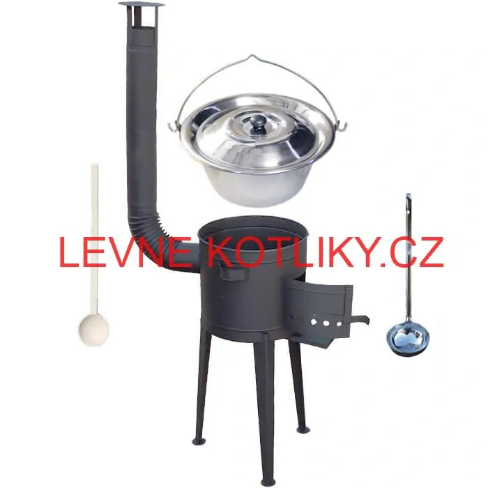 Nerezový kotlík 20 L (1,2 mm) INOX + vysoká žáruvzdorná kotlina (2,0 mm) HODO 42 cm PLUS 600 + vařečka + naběračka