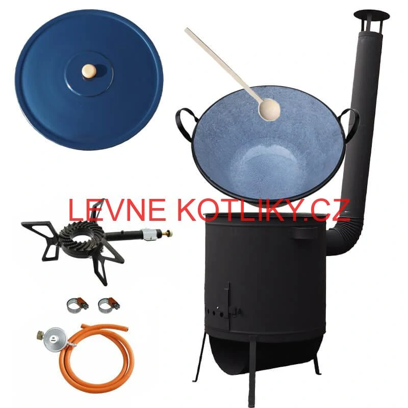Smaltovaný kotel 60 L na zabijačku + žáruvzdorná kotlina 53 PLUS 600 4 MM + hořák 7,5 kW + vařečka