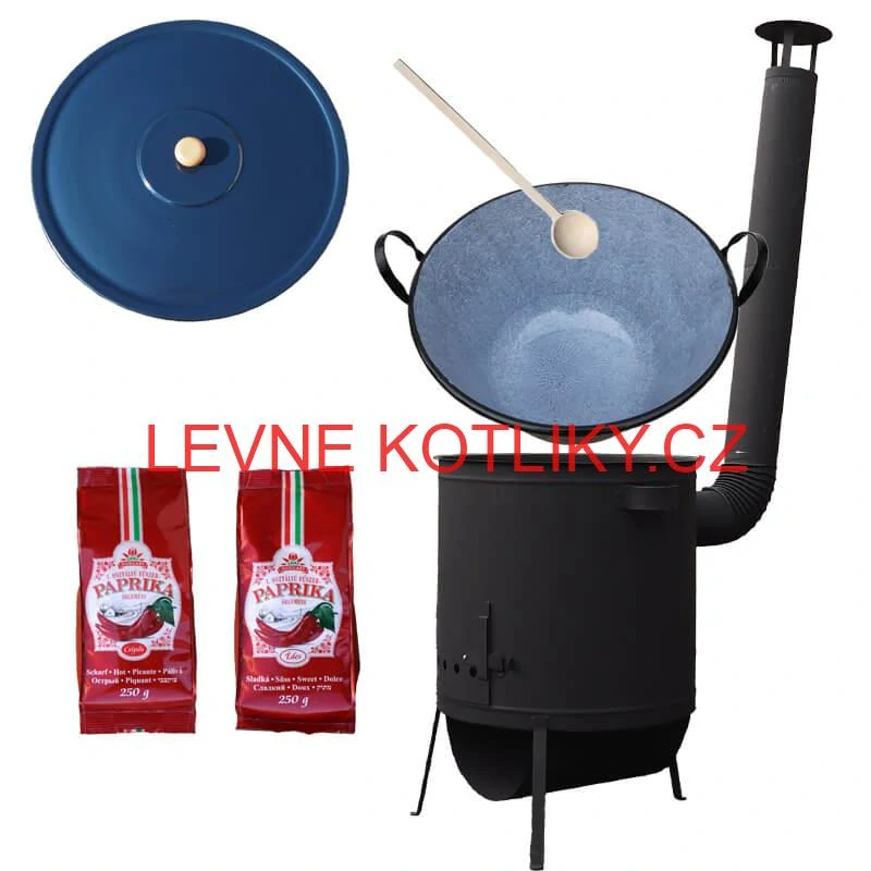 Smaltovaný kotel 60 L na zabijačku + žáruvzdorná kotlina 53 PLUS 600 4 MM + sladká a pálivá paprika (2 x 250 g) + vařečka