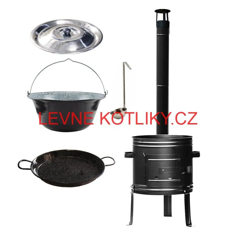 Smaltovaný kotlík 22 L + kovová kotlina + smaltovaná pánev 46 cm Paella