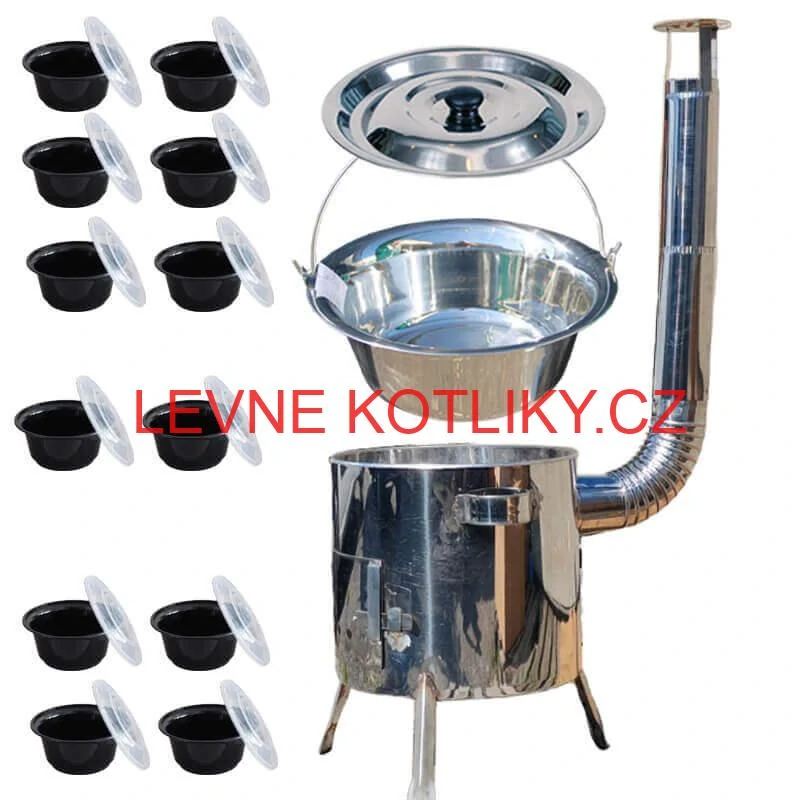 Nerezový kotlík 14 L (0,8 mm) INOX + Nerezová kotlina 36 INOX LUSTRO + misky 12 ks