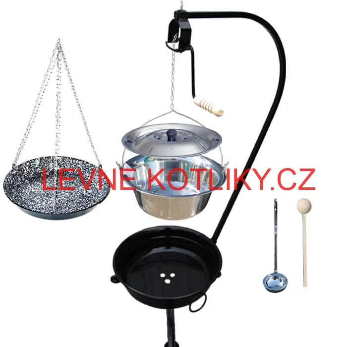 Nerezový kotlík 10 L (1,2 mm) INOX + smaltovaná pánev + ohniště se stojanem as pojistnou kladkou VAR