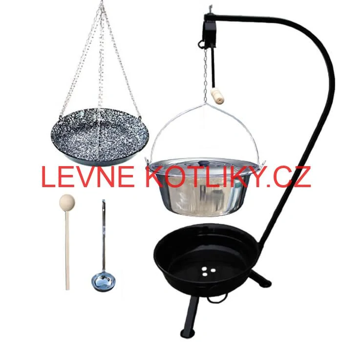 Nerezový kotlík 20 L (1,2 mm) INOX + smaltovaná pánev + ohniště se stojanem as pojistnou kladkou VAR