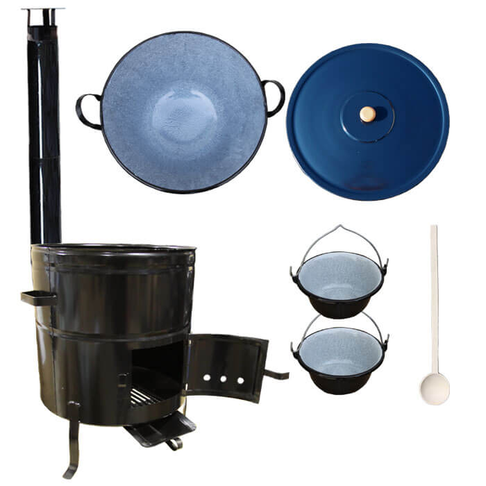 Zabijačkový smaltovaný kotel 50 L + kovová kotlina 50 cm + 2 servírovací kotlíky  a kouřovod