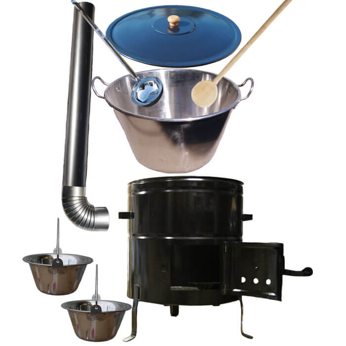 Zabijačkový nerezový kotel 100 L, kovová kotlina 60 cm, smaltovaná poklice + 2 servírovací nerezové kotlíky zdarma