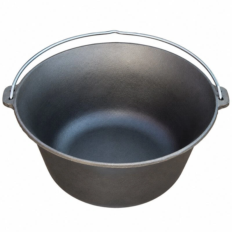Litinový kotlík 30 l z přírodní nesmaltované litiny na vaření nad ohněm.