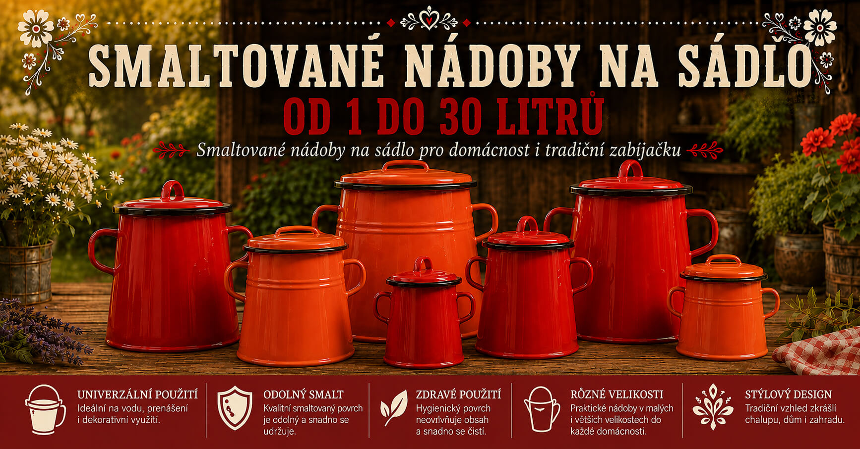 Smaltované nádoby na sádlo pro domácnost i tradiční zabijačku