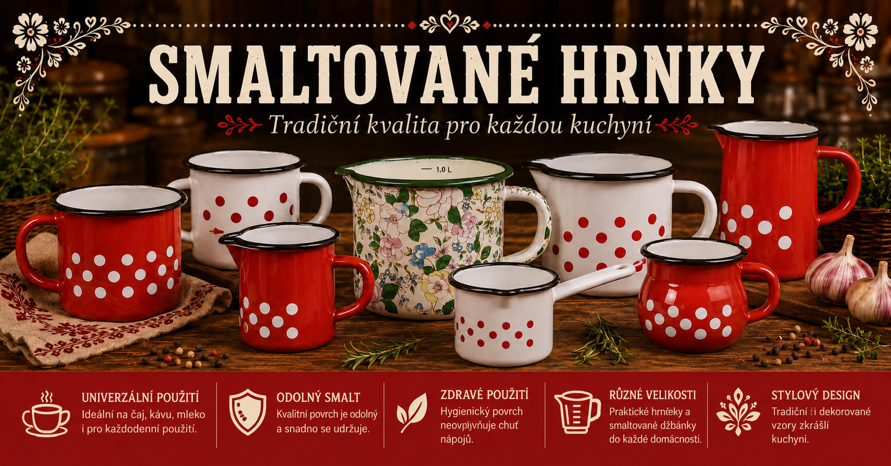 Smaltované hrnky na čaj, kávu i chvíle u ohně