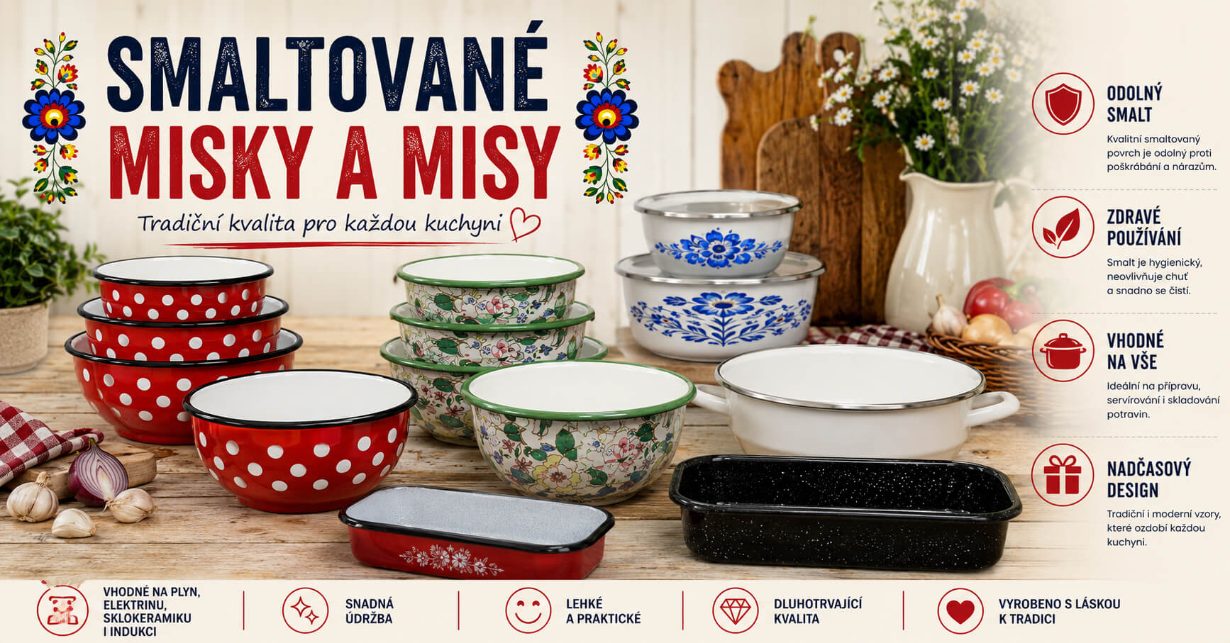 Smaltované misky a mísy pro každodenní jídlo i společné stolování