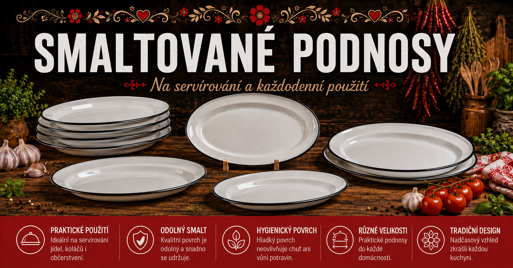 Smaltované podnosy na kávu, čaj i drobné občerstvení