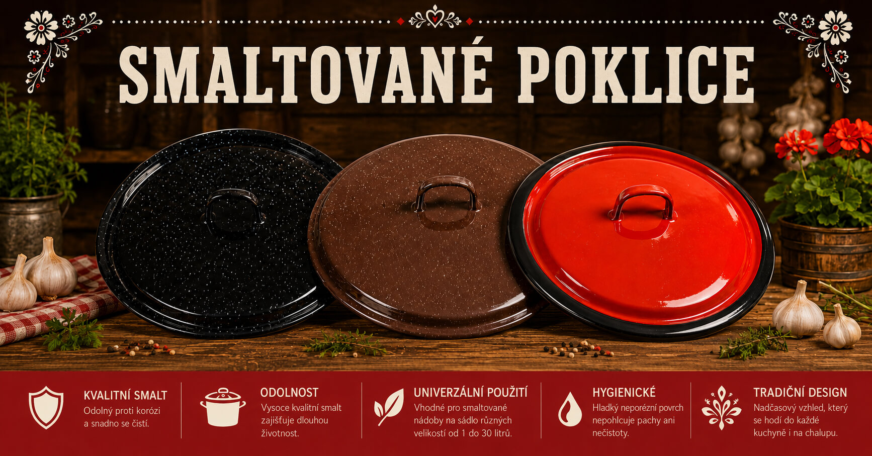 Smaltované poklice na hrnce, kastroly a kotlíky