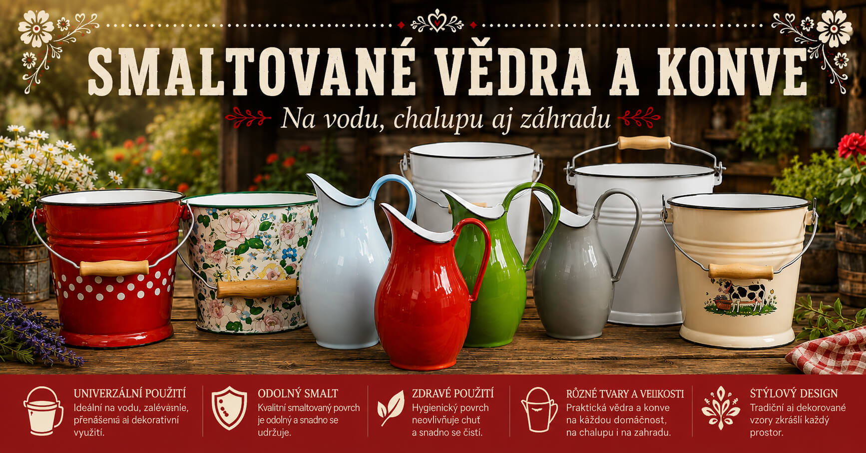 Smaltovaná vědra a konve do kuchyně i na chalupu